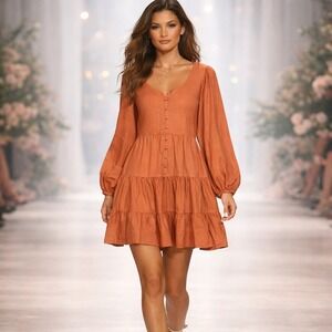 NWT Madewell Sz 2XL Tiered Mini Dress Cottagecore Boho Flowy Orange Long Sleeve